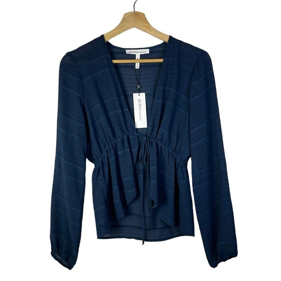 BCBGeneration Dark Navy Blue Textured Stripe Tie Front Long Sleeve XXS - Picture 1 of 4